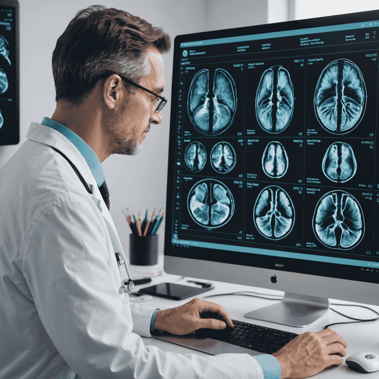 Image d'un médecin analysant des résultats d'imagerie médicale sur un écran high-tech avec des superpositions d'IA, montrant des zones surlignées indiquant des anomalies potentielles