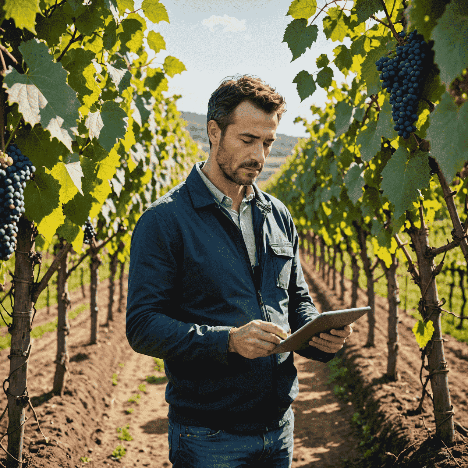 Vignoble français avec des capteurs IA visibles entre les rangs de vignes. Un vigneron consulte une tablette affichant des données en temps réel.