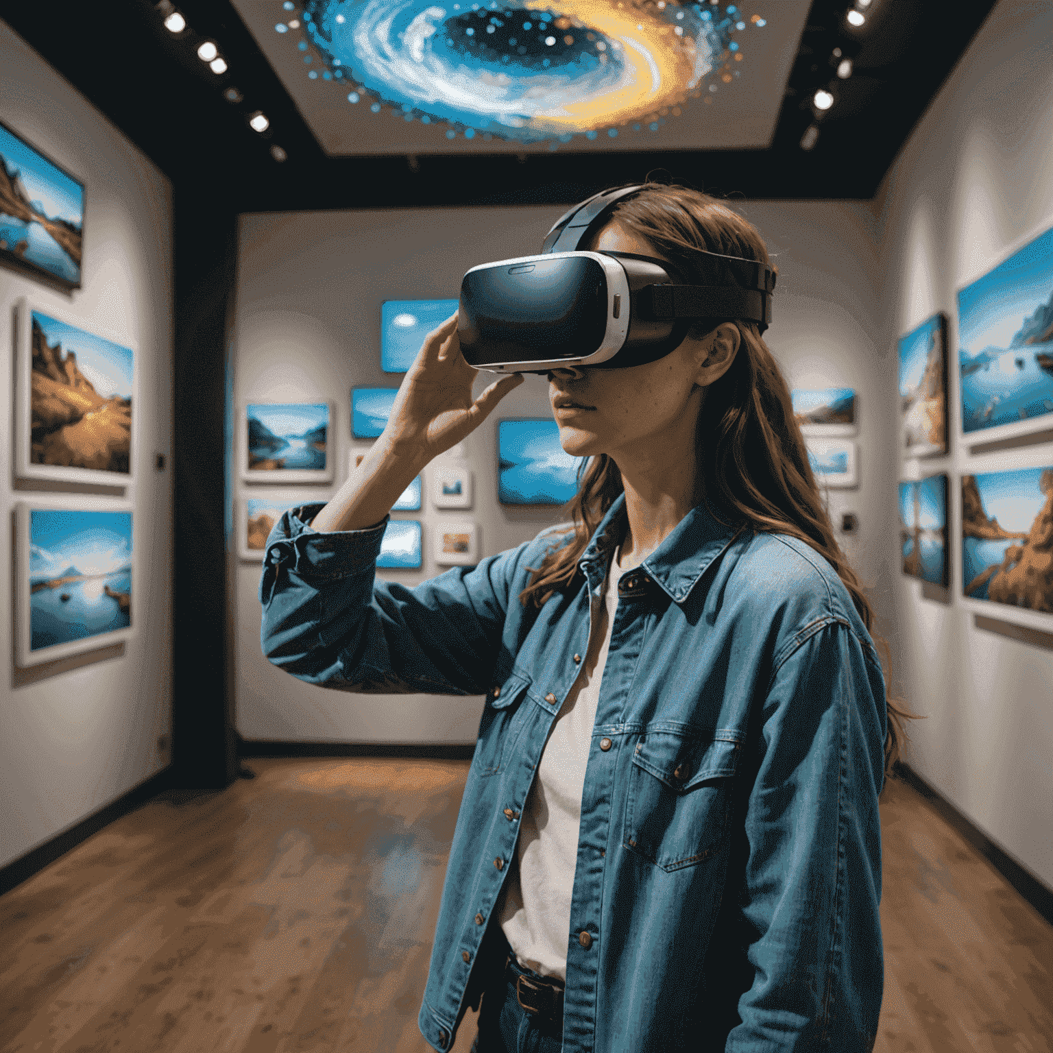 Visiteur utilisant un casque de réalité virtuelle pour explorer une galerie d'art virtuelle, entouré d'œuvres d'art flottantes et d'interfaces holographiques