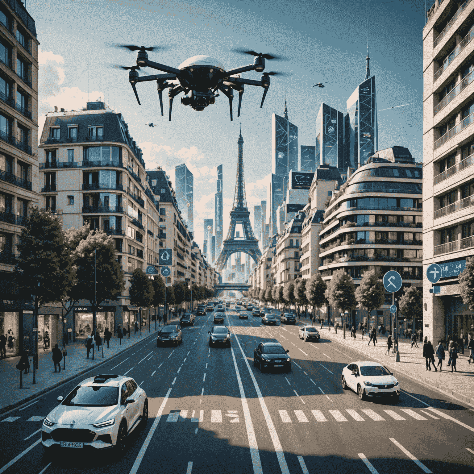 Image futuriste d'une ville française avec des éléments d'IA visibles, comme des drones de surveillance et des panneaux de signalisation intelligents