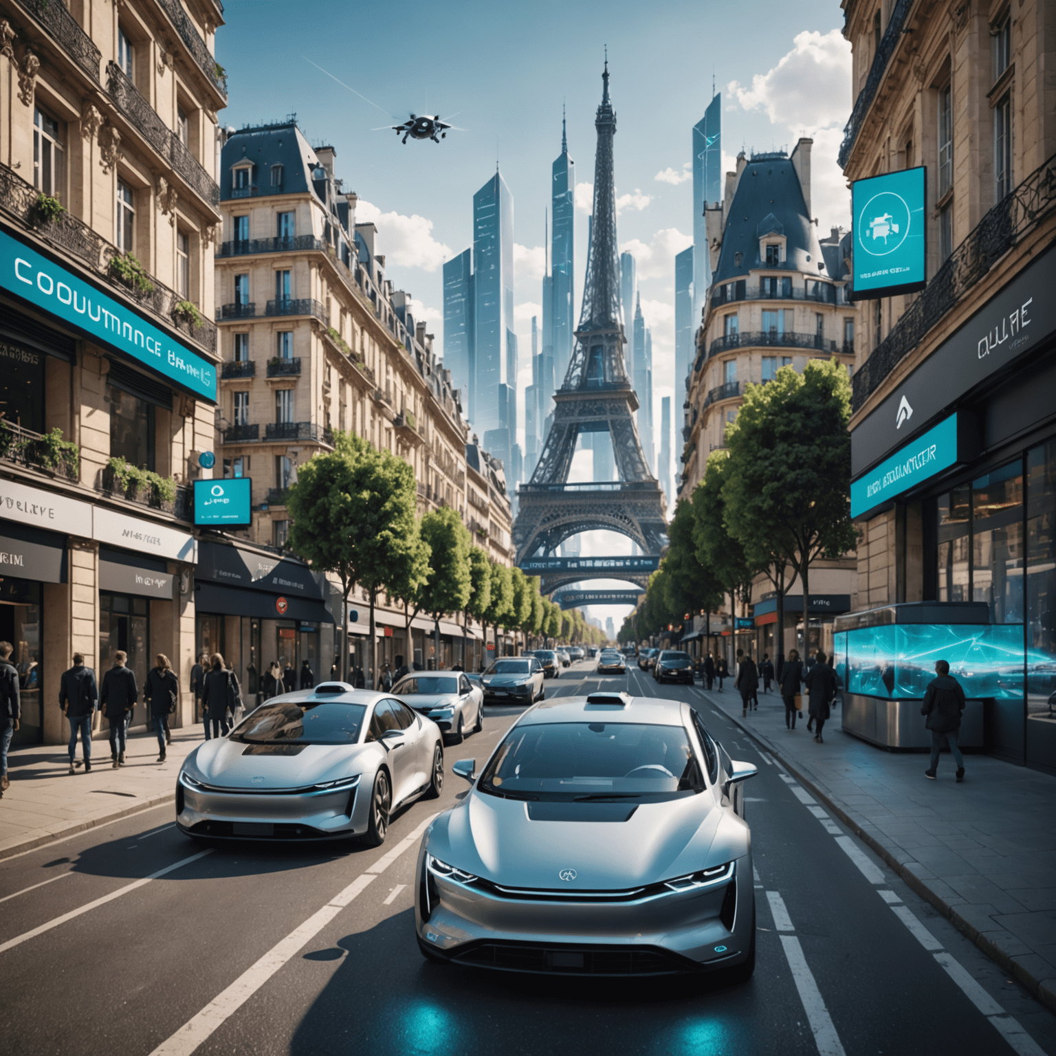 Vue futuriste d'une ville française avec des hologrammes de données et des véhicules autonomes