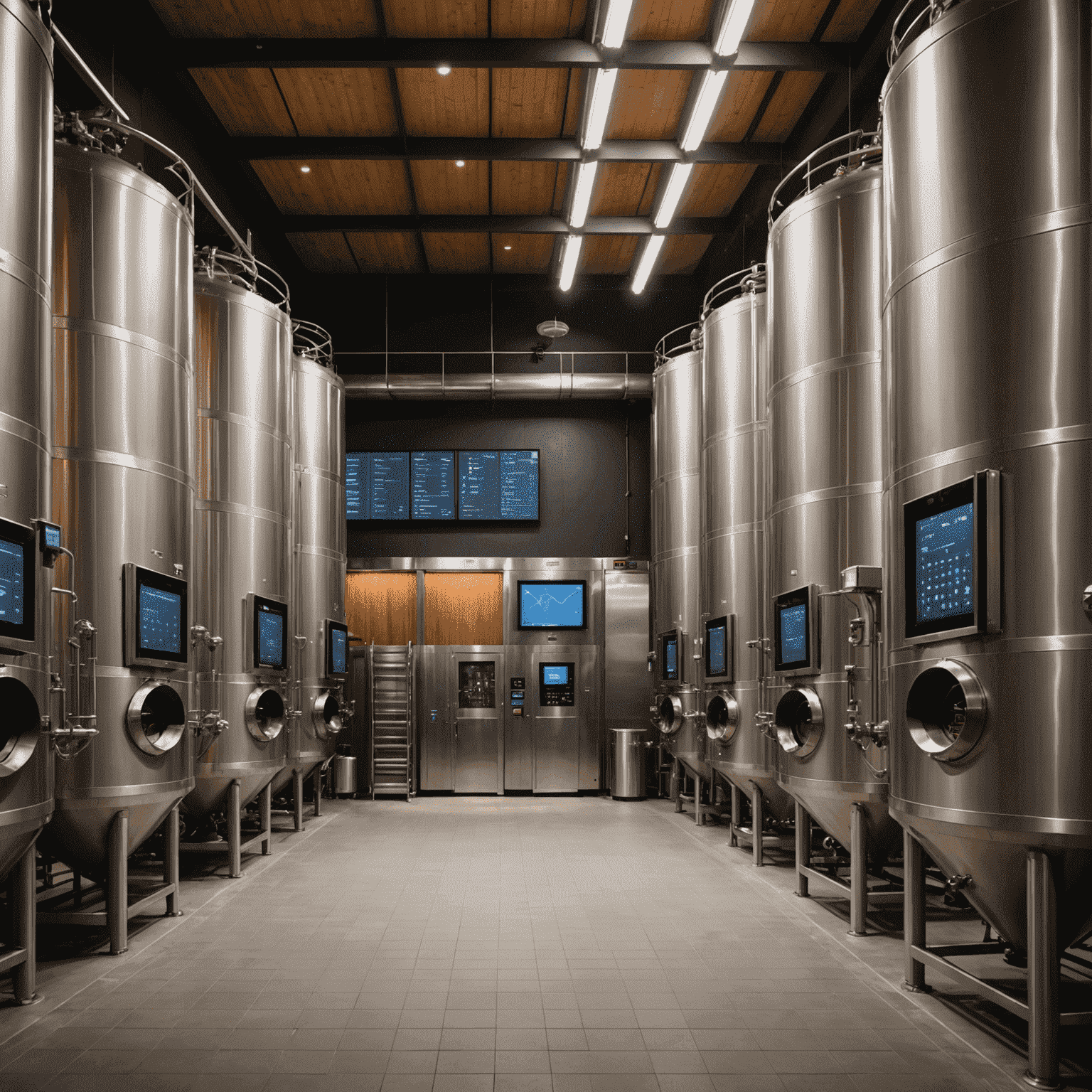 Intérieur d'une cave moderne avec des cuves de fermentation équipées d'écrans tactiles affichant des graphiques et des données en temps réel.