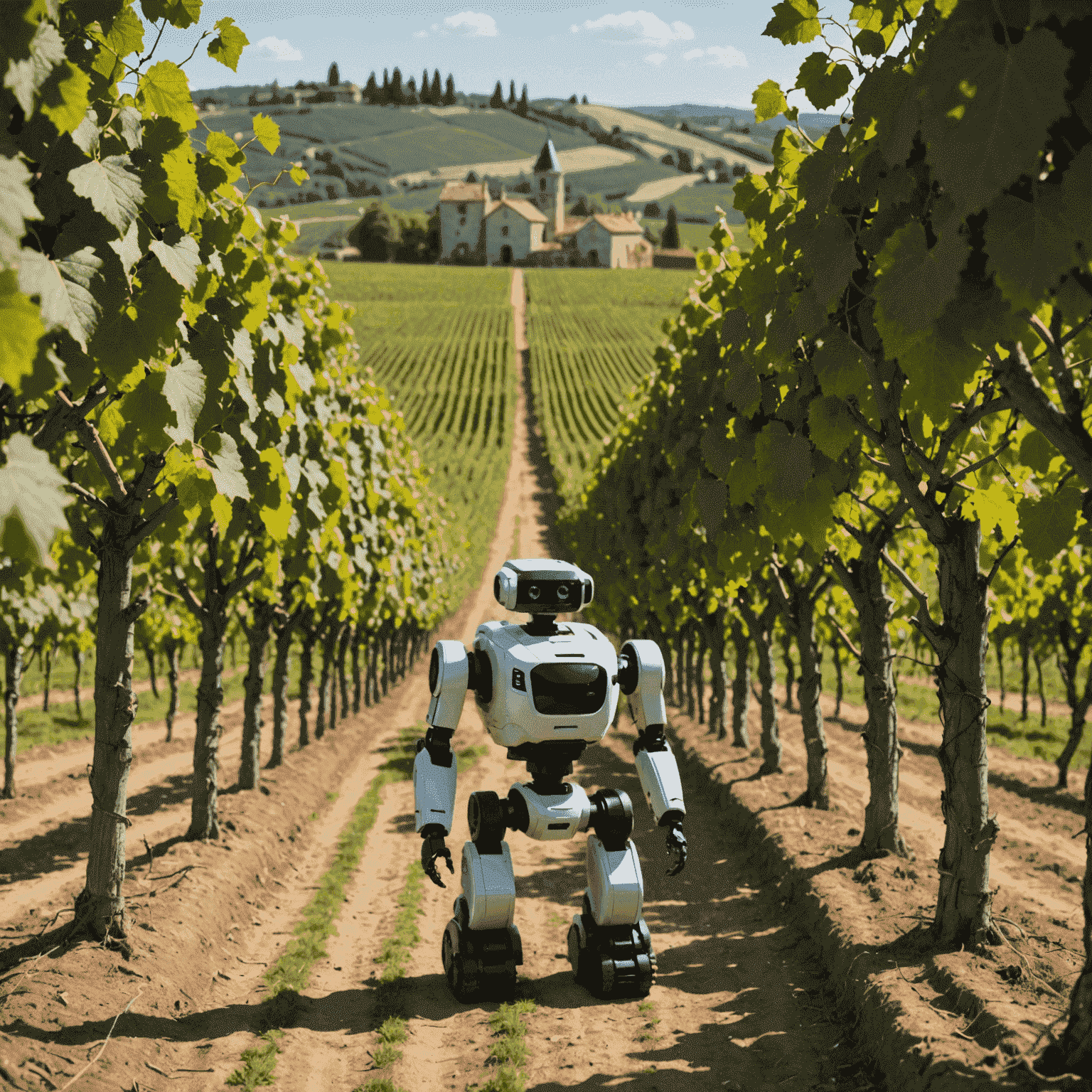 Image d'un vignoble français avec des robots et des drones utilisant l'IA pour analyser les vignes