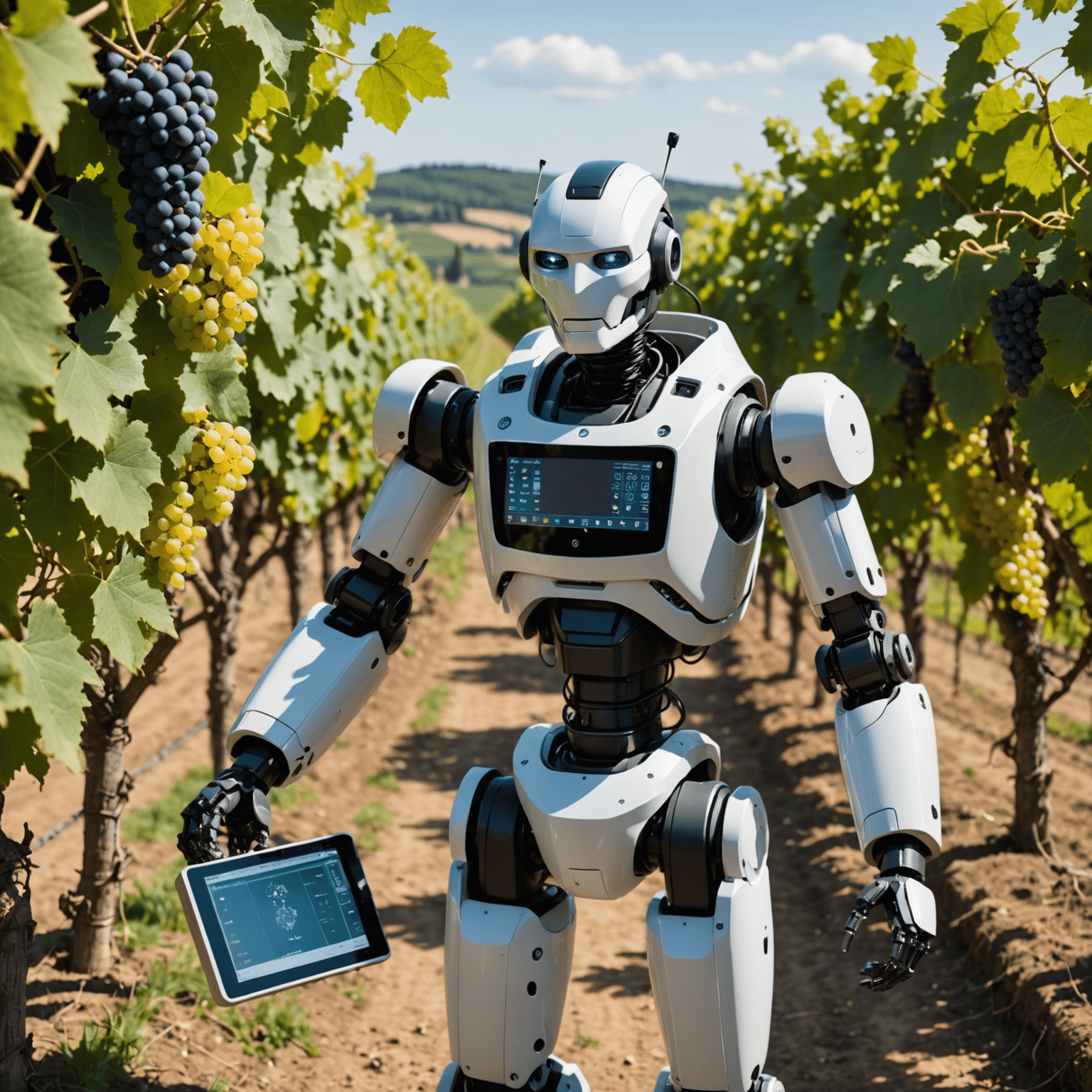 Robot analysant des grappes de raisin dans un vignoble français avec des écrans de données en arrière-plan